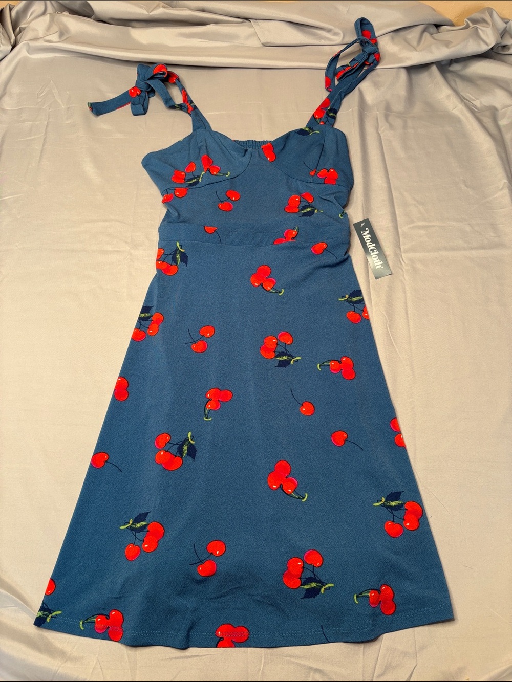 Modcloth NWT Blue Retro Dress with Red Cherry Print Size Medium